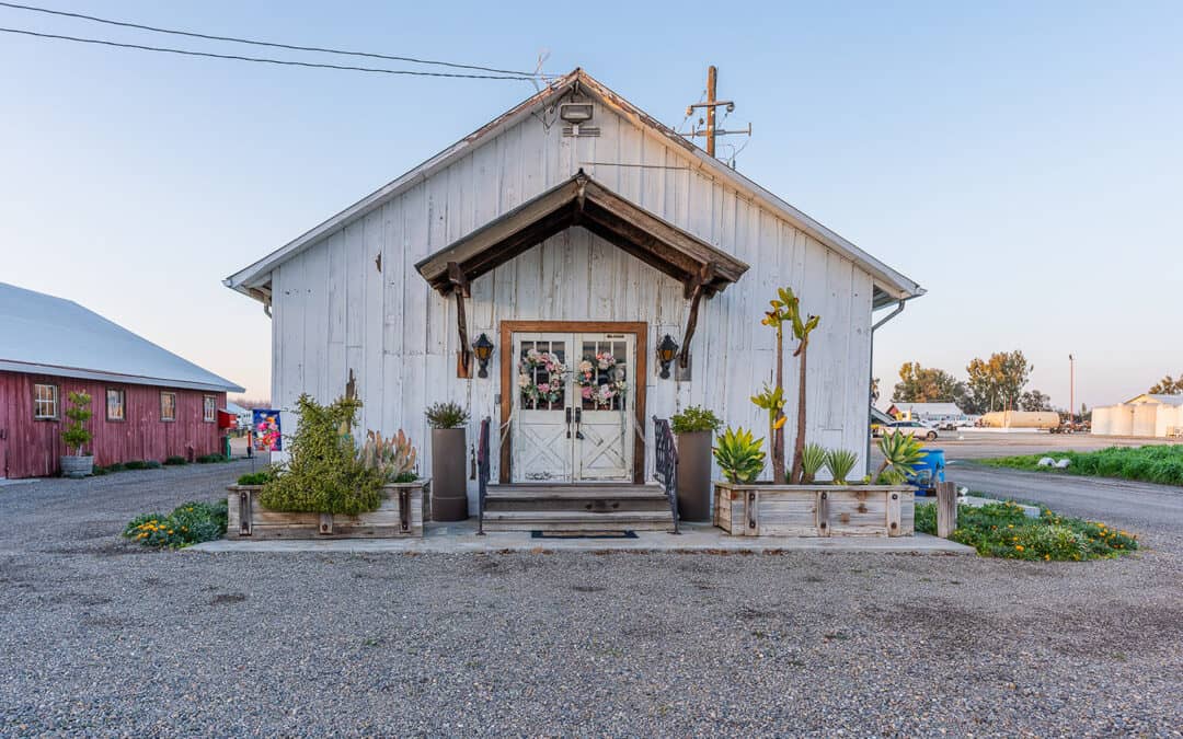 A rustic white wooden building with a porch adorned with potted plants.